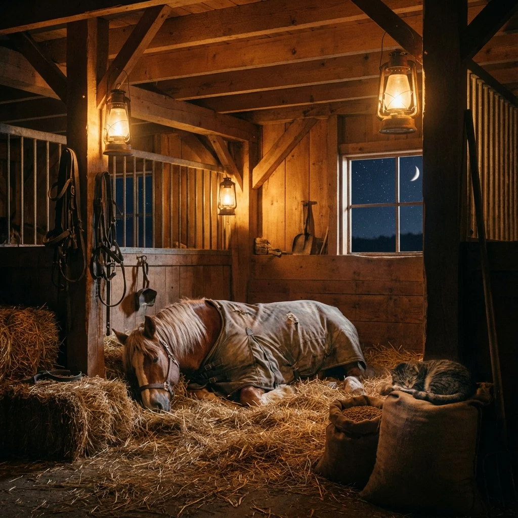 Pferde im Stall bei Nacht an Silvester
